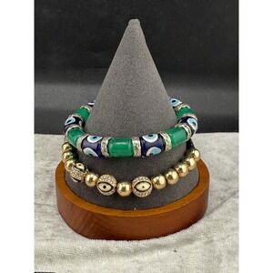 Evil Eye Bracelet Lot 2 Blue Green Gold Beaded Stretch Band